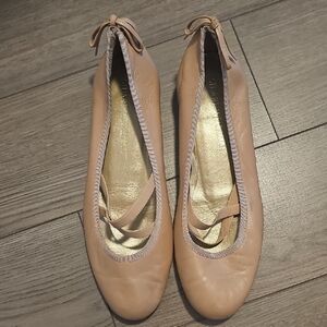 Stuart Weitzman Blush Leather Ballet Flats with Bow Trim